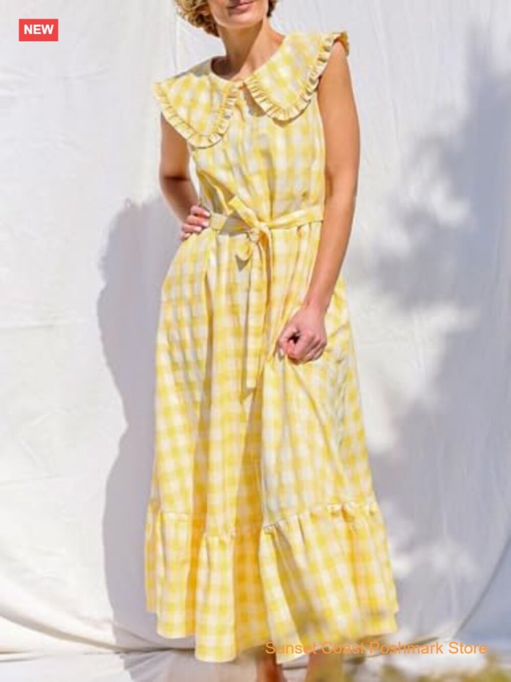 Sleeveless Plaid Maxi Dress with Pockets Ruffle A-Line Beach Sundress - Picture 4 of 7